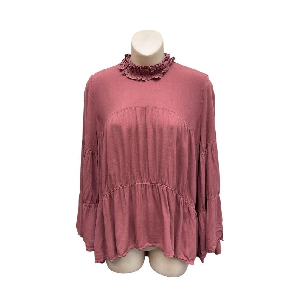 ZARA Dusty Rose Ruffle Neck Peplum Blouse Size S Long Sleeve Feminine Boho